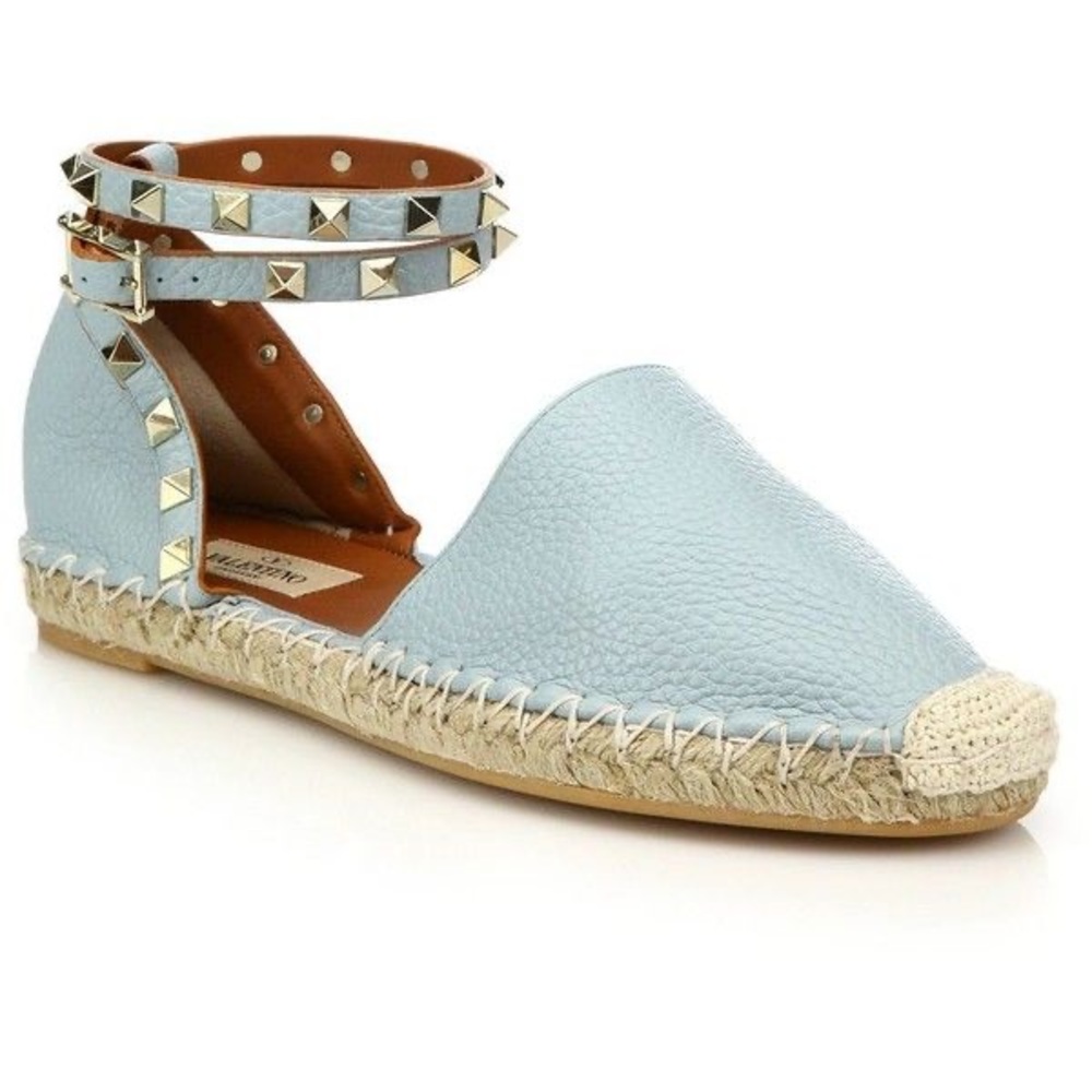 Valentino Rockstud textured leather ankle-wrap espadrille flat sandal IT 39 US 9